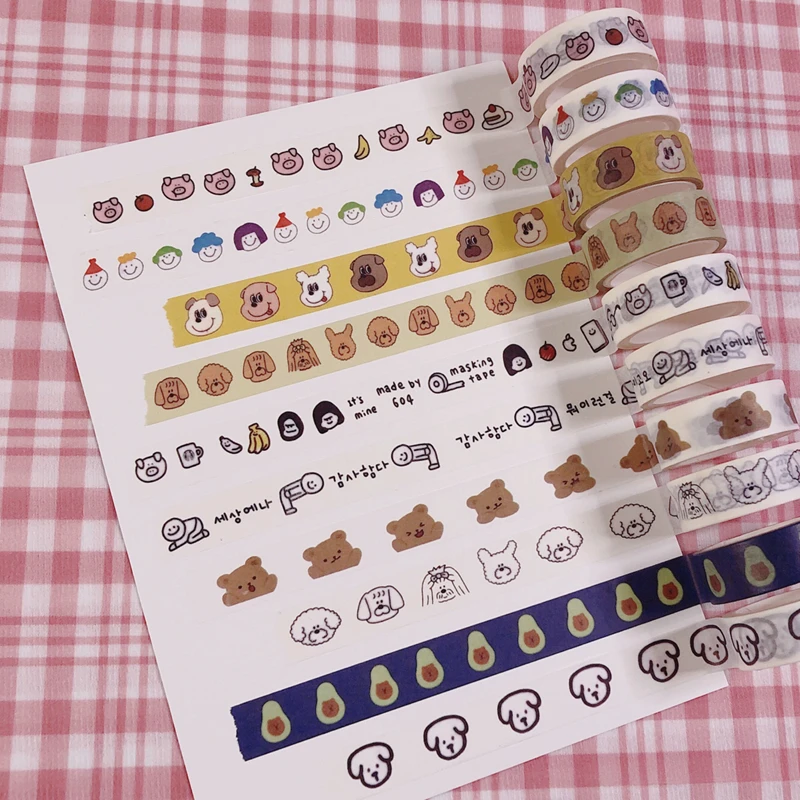 Cinta adhesiva de papel de oso marrón, cinta Washi decorativa con cuenta de mano, Kawaii, Corea, 12 modelos