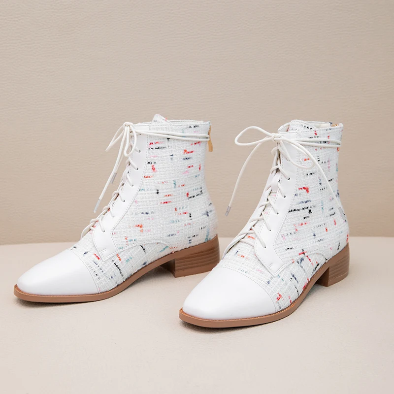 

LOVIRS Women Lace Up Ankle Boots Stitching Style Square Toe Low Heel Spring And Autumn Boots For Women Elegant Shoes