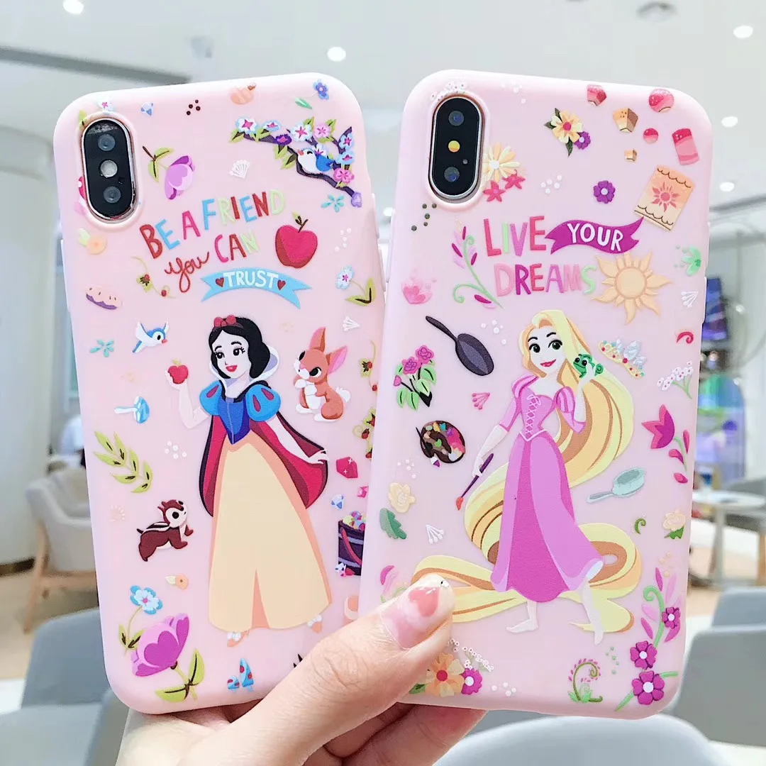 

Cute Cartoon Disneys White snow princess Phone Case for iPhone Xs MAX XR X 6 6s 7 8 plus animal Sugar color Soft TPU Back Cover
