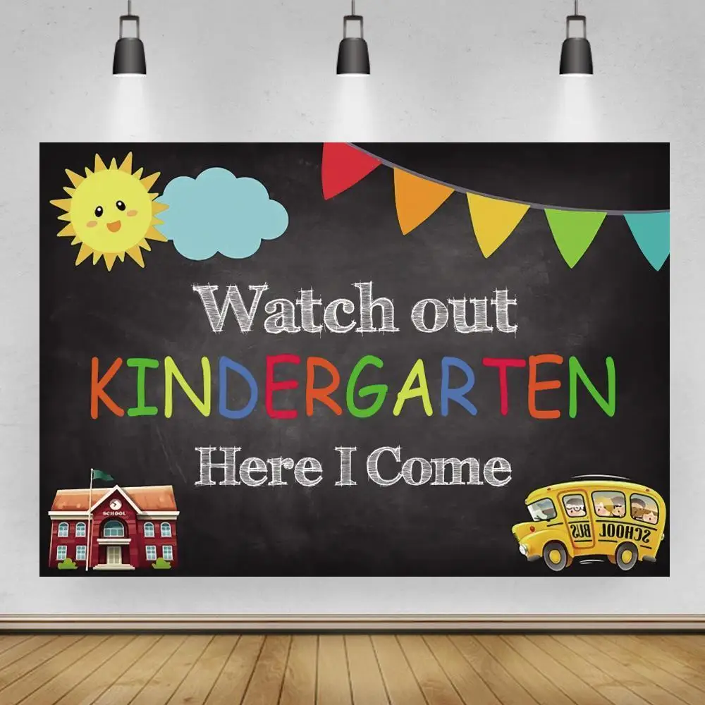 Kindergarten School Bus Smile Sun Kids Birthday Photography Backdrops Red Brick House Decoration Blackboard Class Backgrounds |
