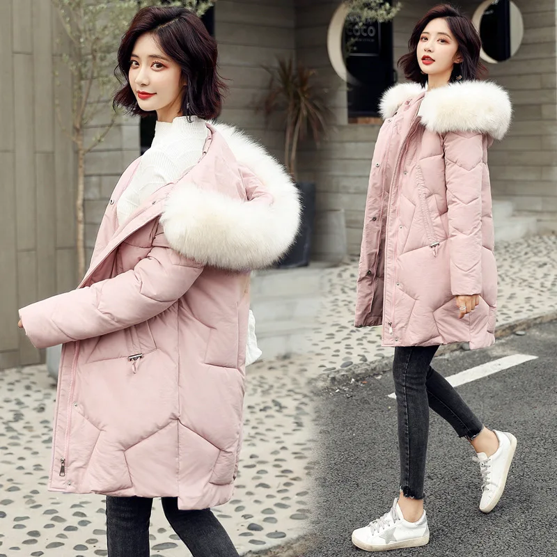 

2019 New Style Korean-style Slim Fit down Jacket Cotton-padded Clothes Women's Mid-length Large Fur Collar Large Size Cotton-pad