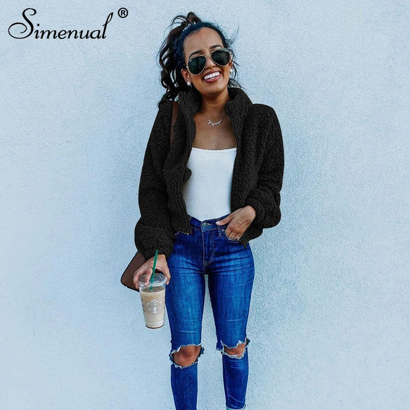 Simenual повседневные однотонные уютные куртки с мишкой Тедди для женщин; сезон осень-зима; теплая Модная Верхняя одежда с длинным рукавом на молнии; однотонные тонкие пальто; Новинка