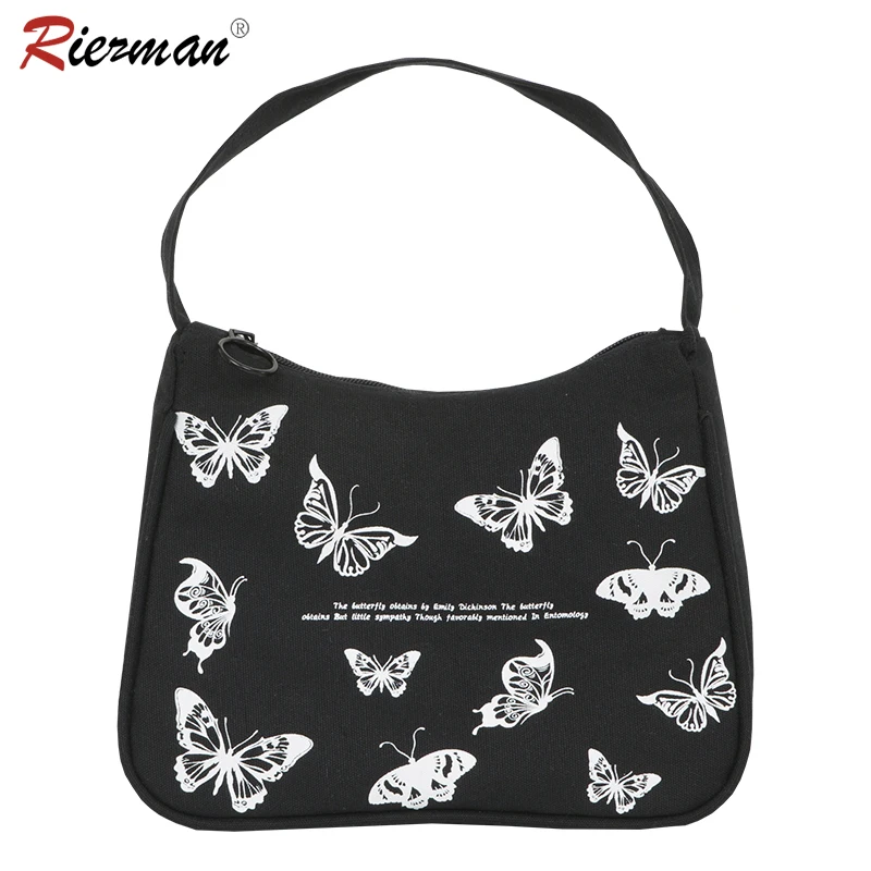 

RIEZMAN Butterfly Print Canvas Tote Ladies' Fashion Underarm Bag Spring Women Small Handbag Cotton Cloth Zipper Half Moon Bags