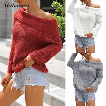 

Autumn Winter Off Shoulder Sexy Women Sweaters 2019 Fashion Long Sleeve Knitted Pullovers Solid Color Ladies Elegant Knitwear