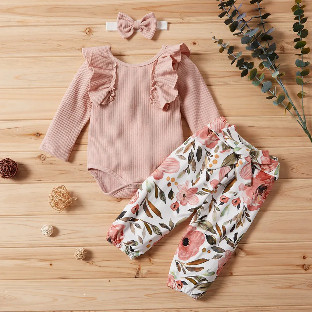 

2020 Newborn Infant Baby Girls Solid clotehs set Frill Romper+Floral Print Tracksuit Pants+Headband Outfit boutique clothing set