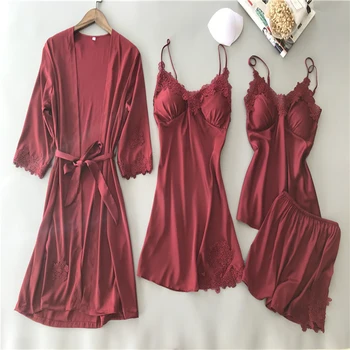 

Woman Pyjama Set Red new with chest pad strap pajamas shorts female nightdress robe four-piece silk pajamas summer Home Wear