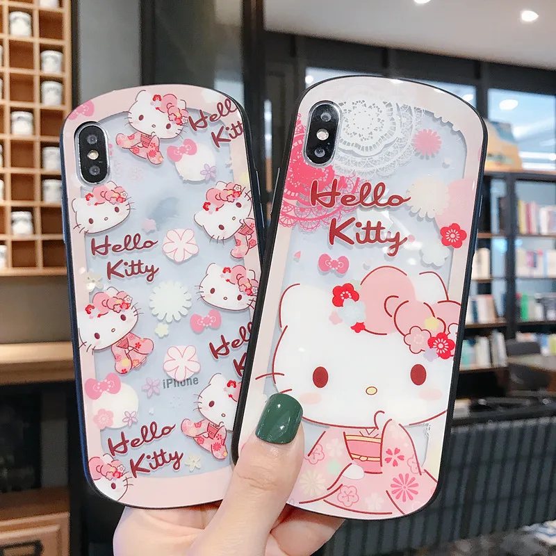 

Fashion Lovely Hello Kitty Design Oval Tempered Glass Dirt Resistant Mobile Phone Case For Iphone 6 7 8 S Plus X XR XS XSMAX