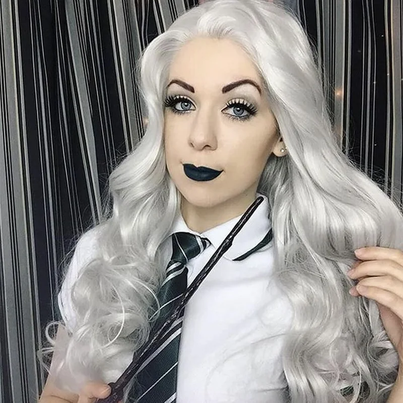 

Парик Melody из синтетического кружева спереди, термостойкий, серебристо-серый, длинный, с волнистыми боковыми частями для женщин, естественный вид, повседневная одежда, косплей
