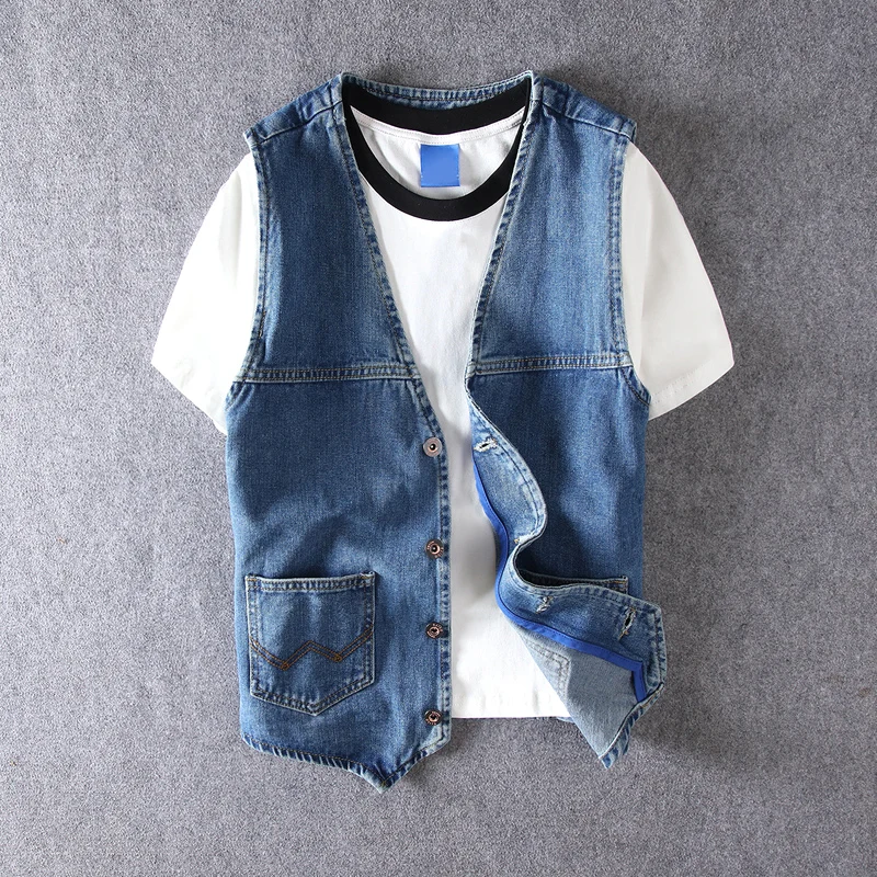 

Summer Autumn Fashion Designer Men Vest British Style Gentlemen Suit Denim Vest Men Waistcoat Sleeveless Hip Hop Chaqueta Hombre