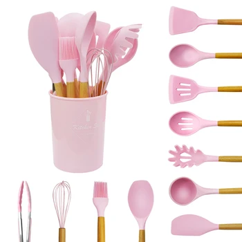 6color silicone cooking utensils set non-stick spatula shovel wooden handle cooking tools set with storage box kitchen tools