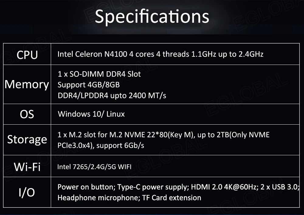Eglobal Palm Computer with Intel Celeron N4100 Quad-Core, 8GB LPDDR4, 128GB SSD, 2.4G/5G WiFi, BT4.2, Mini PC - Windows 10 Pro Description Image.
