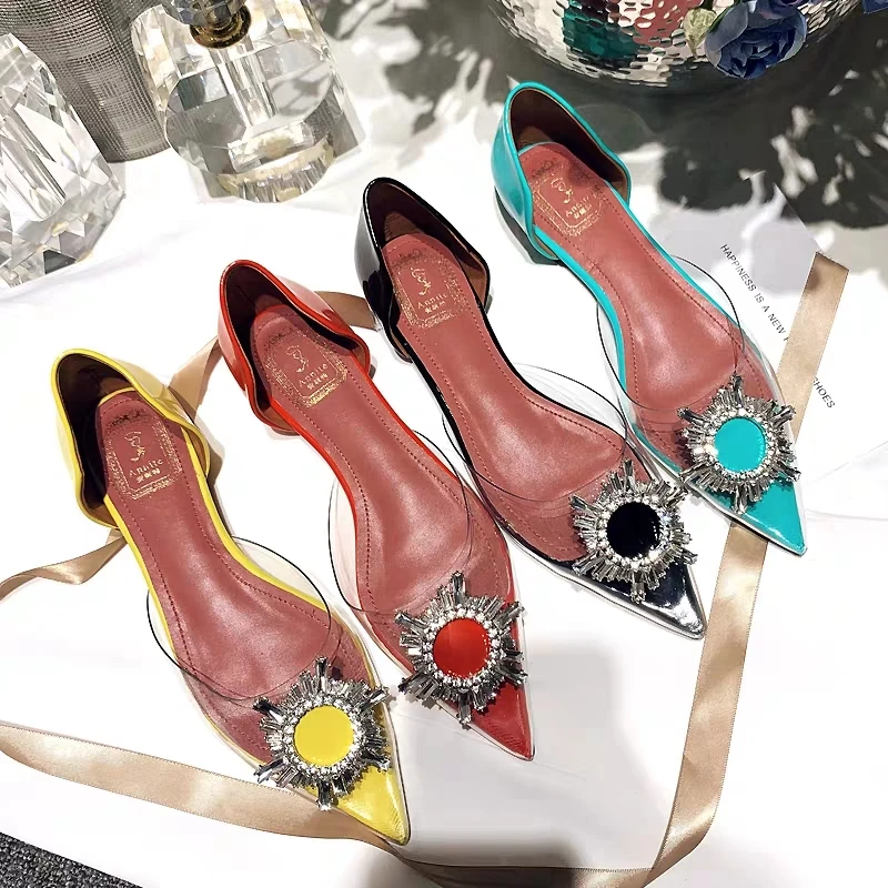 

2020 Hot Sale Transparent PVC Party Sandals Pointed Toe Crystal Button Goblet Flats Shoes Sexy Banquet Shoes Woman Big Size