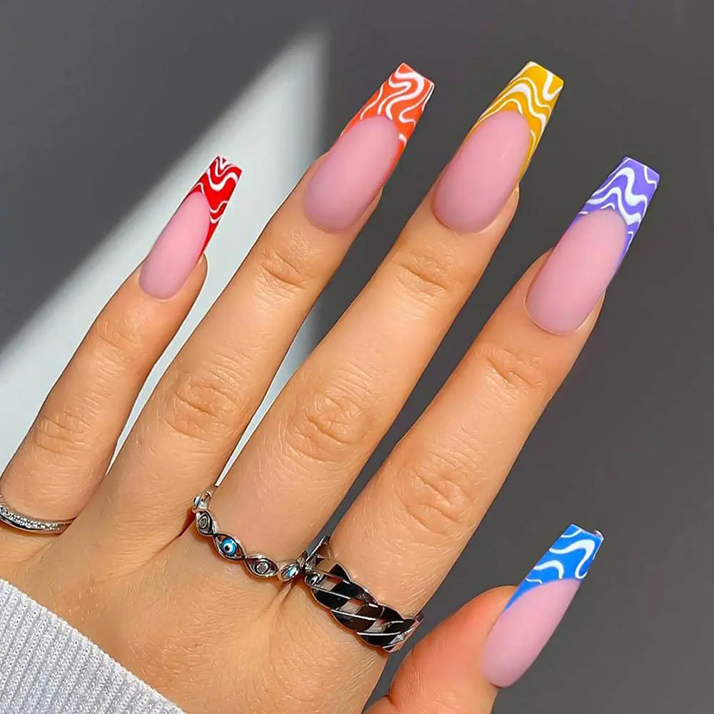 24pcs French Fake Nails Extra Long Balle Pink Press On Rainbow Nail Square Acrylic False Nails Women S Colorful False Nail Tips False Nails Aliexpress