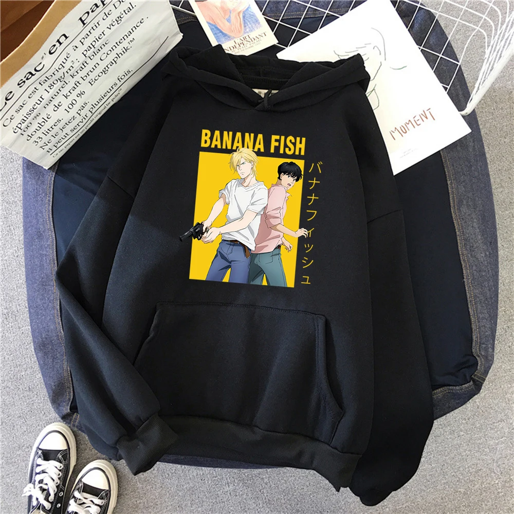 Fleece Sweatshirt Hoody Banana Fish Print Anime Japanese Mens Fashion Cartoon Pocket