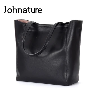 

Johnature Fashion Cow Leather Women Bag 2020 New Large Capacity Lady Handbag Casual Tote Solid Color Shoulder Messenger Bags