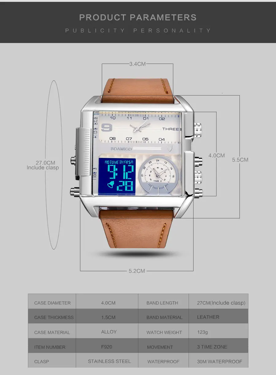 BOAMIGO мужские спортивные часы для мужчин с тремя часовыми поясами военные кварцевые цифровые часы брендовые квадратные кожаные электронные наручные часы