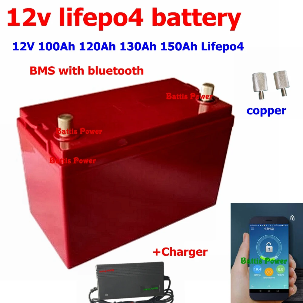 Водонепроницаемый 12V 100Ah 120Ah 130Ah 150Ah Lifepo4 батарей BMS с bluetooth для 1200w Солнечная система дом на колесах Лодка на колесах+ 10A зарядное устройство