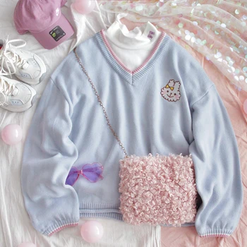 

Retro V-neck Women Cute Blue Sweater Kawaii Rabbit Embroidery Girls Knitted Jumper Winter Loose Female Pullover Ladies Knitwear
