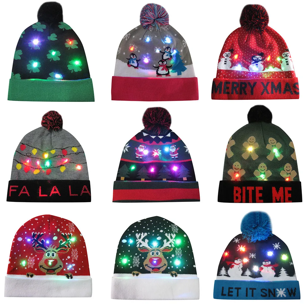 

Women's Beanie Caps Winter Colorful Merry Christmas LED Light-up Knit Hat Beanie Hairball Warm Cap Christmas Gorra inocente