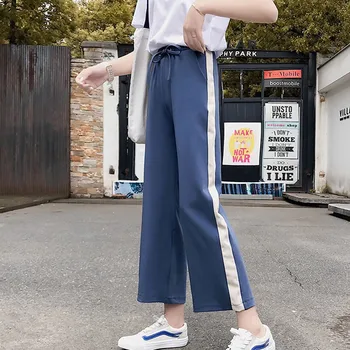 

Women Drawstring High Waist Wide Leg Pants Loose Ankle Length Trousers Vintage Side Striped Patchwork Pants New