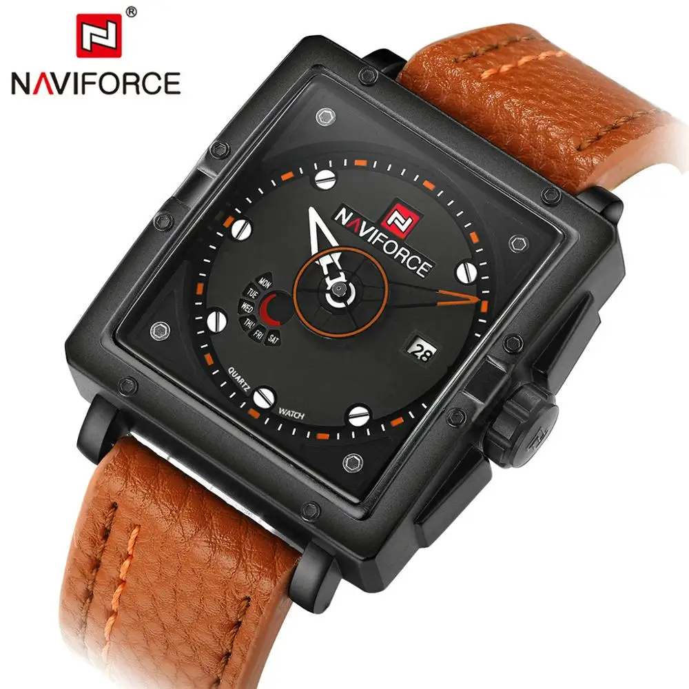

NAVIFORCE Creatived Square Watch Men Auto Date Week Display Fashion Quartz Mens Watches Top Brand Luxury Brown Leather Strap