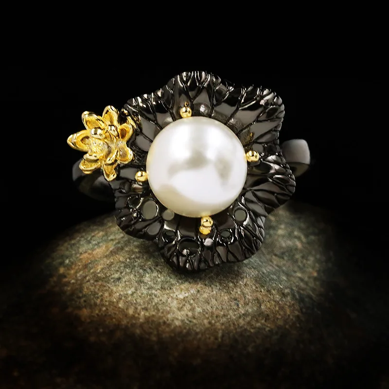 NPKDS Vintage Jewelry 925 Sterling Silver Baroque Pearl Rings for Women Wedding Engagement Bride Black Gold Fine | Украшения и