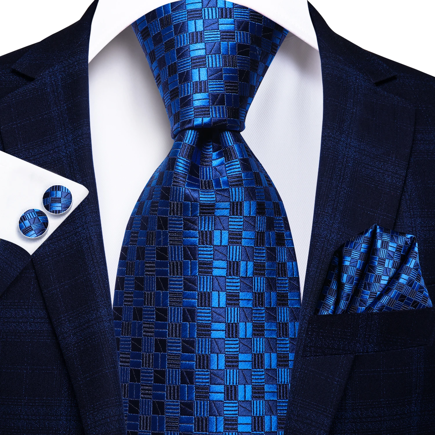 Hi-Tie Necktie With Box Navy Blue Striped Paisly Silk Wedding Tie For Men Hanky Cufflinks Gift Nicktie Set Business