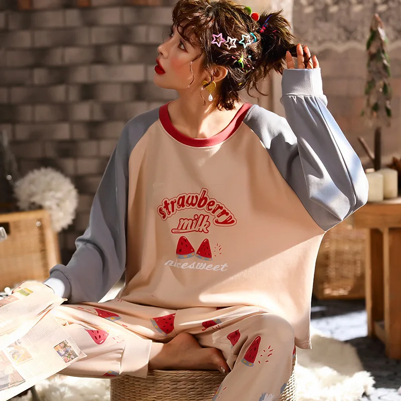 

Korean-style Pajamas Knitted Cotton Long Sleeve GIRL'S INS Watermelon Printed Spring And Autumn Loose-Fit Sweet Crew Neck Tracks
