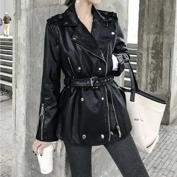 Elegante chaqueta de cuero para mujer, abrigo de moda de otoño 2020 con cremallera, chaqueta negra de cuero PU para mujer, chaqueta con cinturón, fajas, Camisa