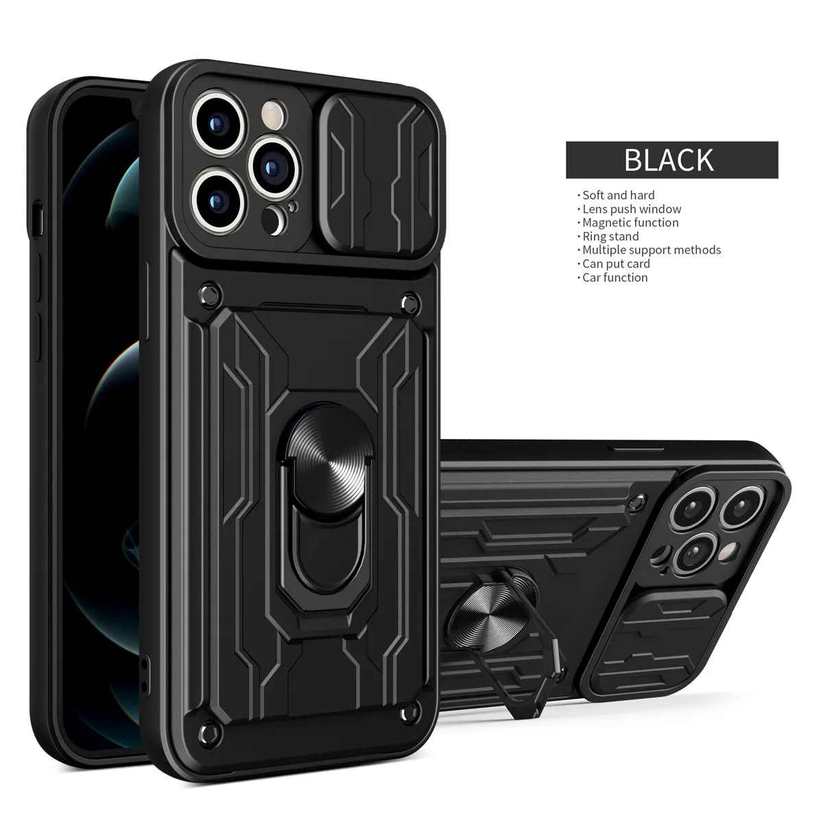 Sleek Lens Protective Case with Hidden Slide Card Slot and Magnetic Ring