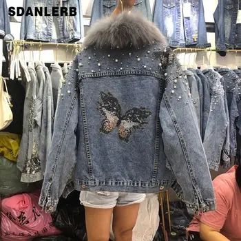 

2019 Autumn Winter New Korean Real Fur Collar Removable Inner Bead Loose Jeans Coat Thickened Warm Jacket for Women Short