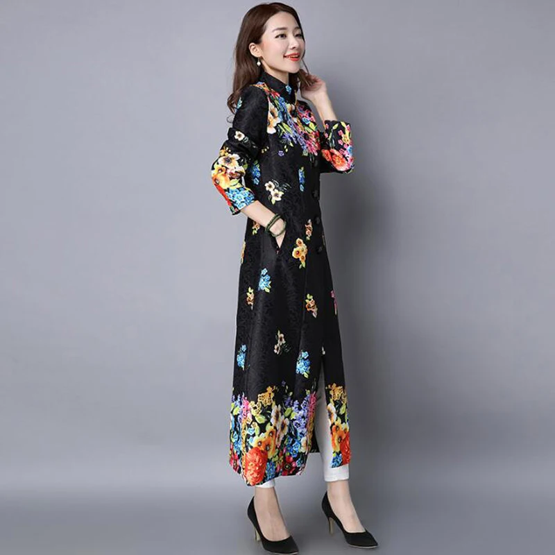 wonderful  Vintage Print Slim Embroidery Plus Size Cardigan Women Autumn Winter Long Coat Retro Traditional Ch