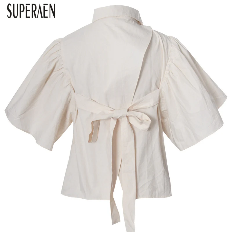 

SuperAen Short-sleeved Shirt Female New 2019 Autumn Cotton Women Blouses and Tops Solid Color Wild Casual Women Clothing