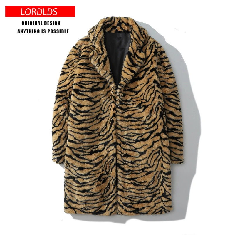 

LORDLDS Men Long Faux Fur Coat Winter Warm Fashion Clothing Oversize Jacket Style Streetwear Tigrt Print Hip Hop Outwear