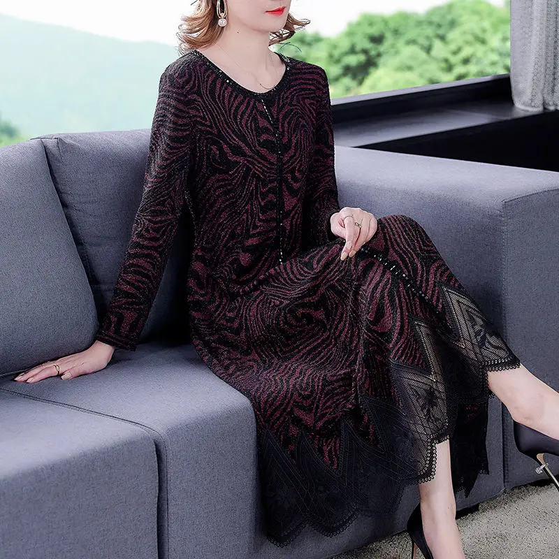 

Acetate Dress New 2021 Printed Floral Women Clothing Fashion Slim Autumn Winter Elegant Retro Spliced Party Dress M449