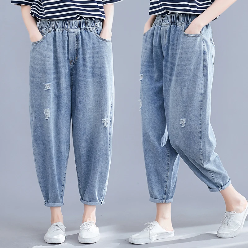 Женские джинсы размера плюс, Осенние штаны-шаровары с эластичной резинкой на талии, винтажные повседневные свободные брюки, новые рваные джинсы 2XL