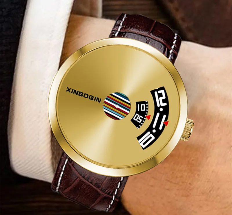 Leather Brown Абсолютно дизайн, без указателей, концепция, часы для мужчин, креативные Кварцевые водонепроницаемые часы, настоящая кожа, радужные наручные часы, миланские - Цвет: Leather Brown