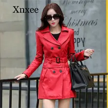 Elegant Vintage Red Women Long Leather Jacket Slim Plus Size Bow Belt Motorcycle PU Leather Long Jacket Coat Leather Trench