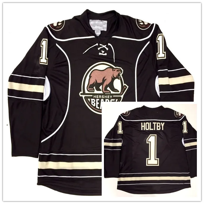 Коричневый HERSHEY BEARS#1 BRADEN HOLTBY мужская хоккейная трикотажная вышивка сшитая на заказ любое количество и имя - Цвет: Коричневый