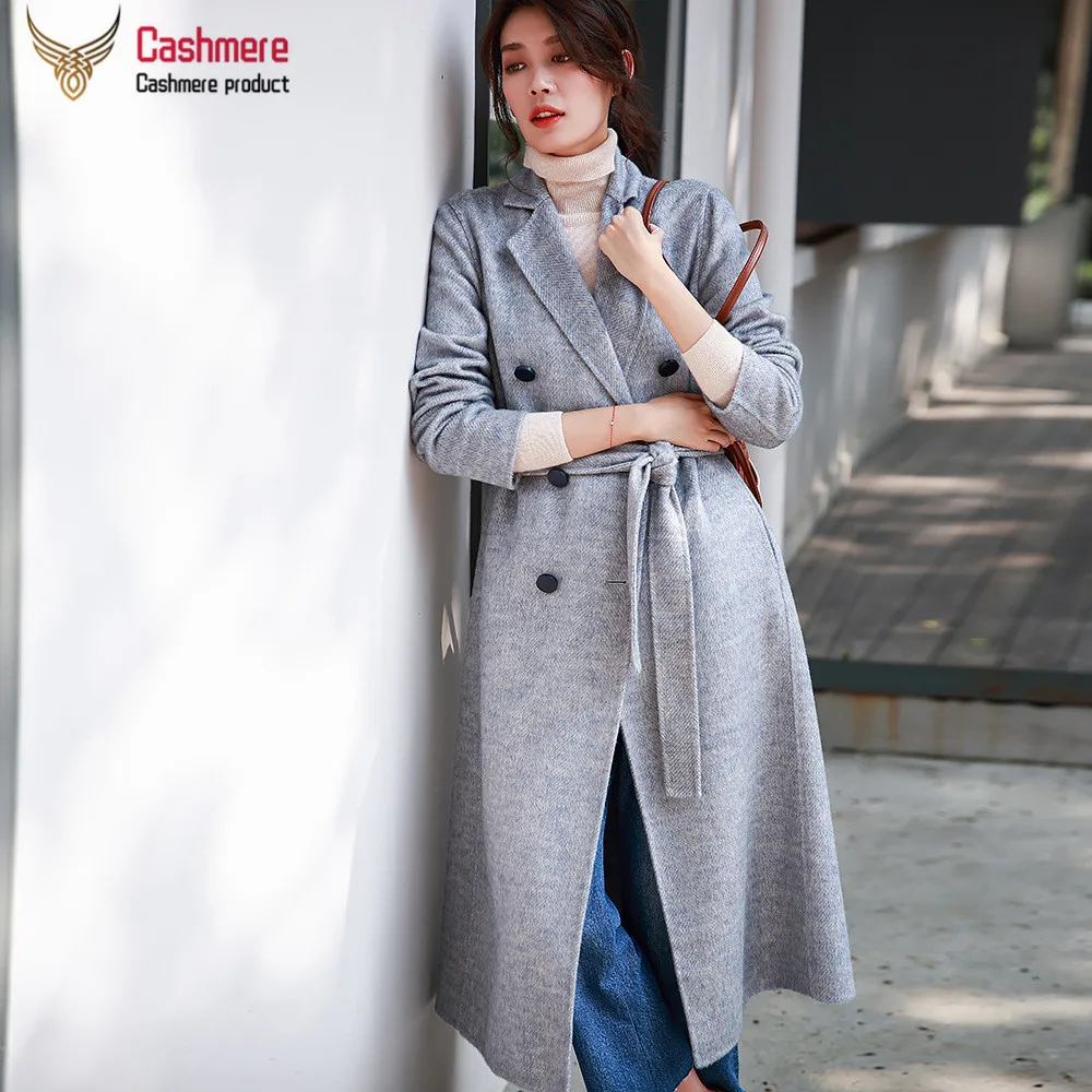 Light blue Женское пальто из шерсти альпака, женское осеннее и зимнее длинное двухстороннее шерстяное пальто, темпераментное приталенное модное кашемировое пальто для женщин - Цвет: Light blue