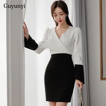 

Black White Stitching Elegant Office Dress 2020 Spring Simple Comfortable Small Bell Sleeve High Waist Slim Women's Dress