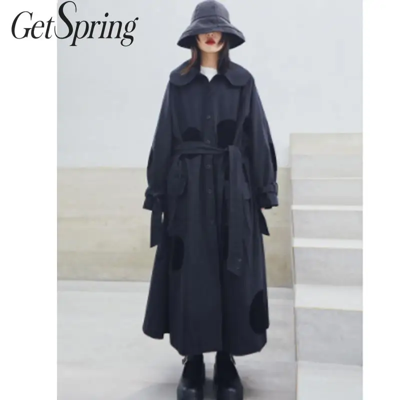Женский облегающий Тренч GETSPRING черный длинный с кукольным воротником размера
