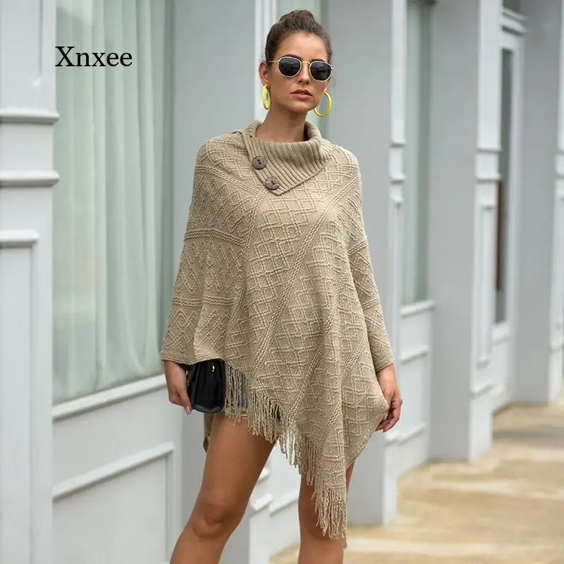 Fringed Cloak Shawl Button Half-open Collar Pullover Plaid Women's Sweater  Poncho French Elegance Tassel Clothes - Capes u0026 Ponchos - AliExpress