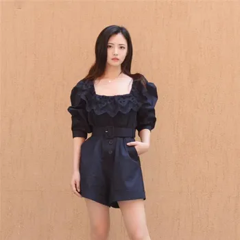 

Waist Black Square Neck Back Lace Bowknot Balloon Puffy Sleeves Playsuits H0437