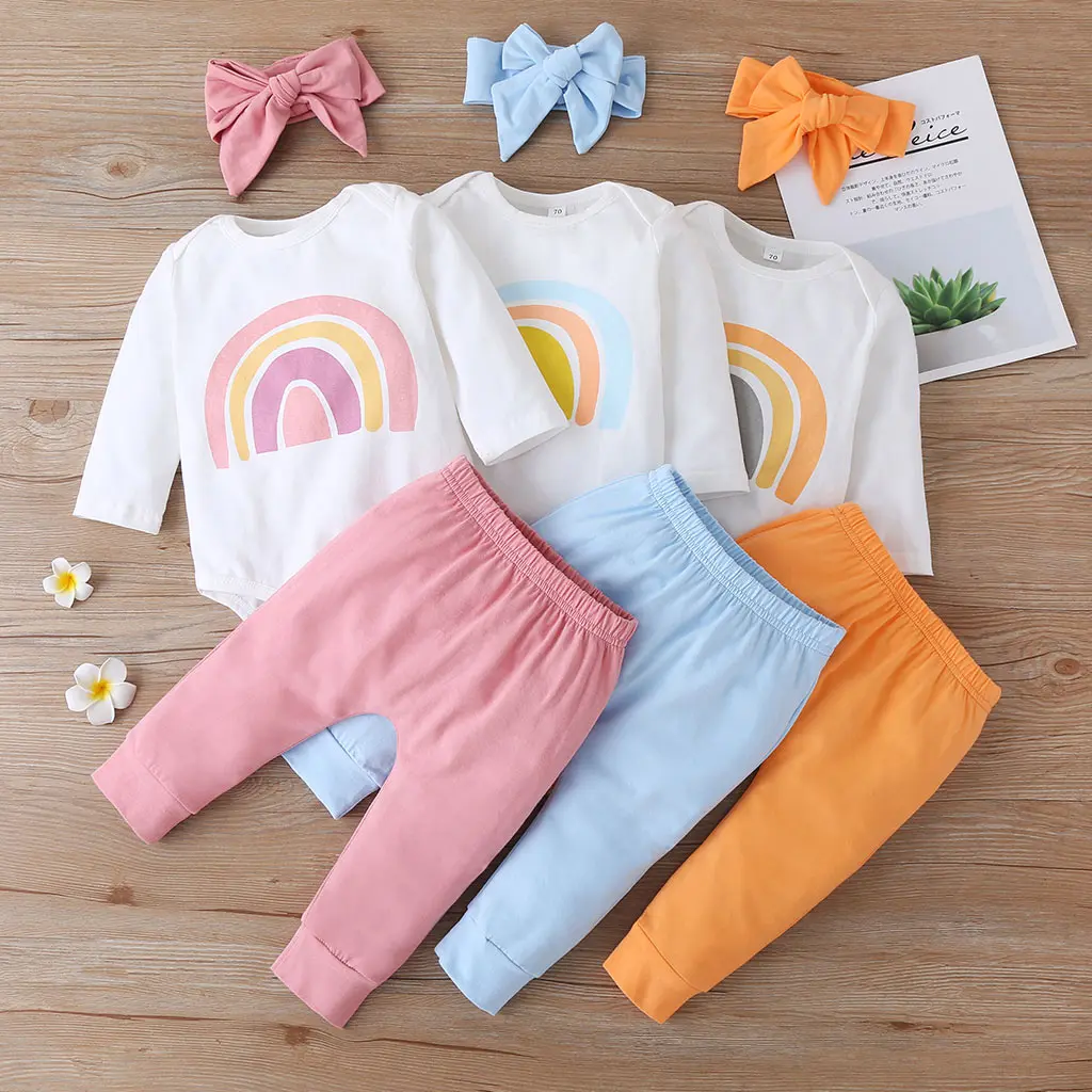

Three Piece Infant Newborn Baby Girls Autumn Clothes Fresh Rainbow Long Sleeve Jumpsuit and Solid Color Long Pants with Headband