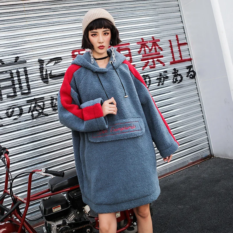 Max LuLu зимние модные корейские дизайнерские женские свитшоты женские меховые толстовки с капюшоном Повседневная плотная теплая одежда длинная уличная одежда - Цвет: Синий