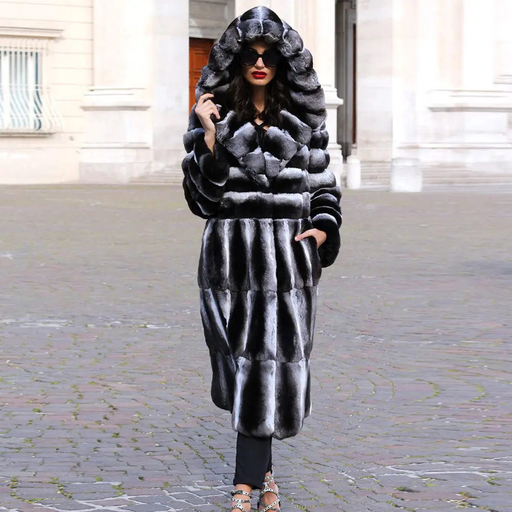 100cm coat length 100 см Шиншилла Цвет натуральный мех шуба из кролика рекс куртка с длинным рукавом натуральный мех пальто теплые куртки - Цвет: 100cm coat length