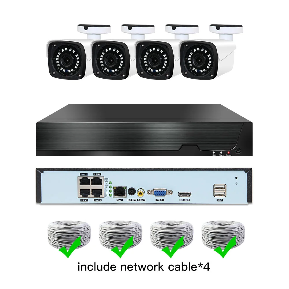 4ch 5MP POE комплекты H.265 система видеонаблюдения PoE NVR наружная металлическая Водонепроницаемая ip-камера сигнализация видеонаблюдения Видео P2P P6Spro - Color: 4cams add cable