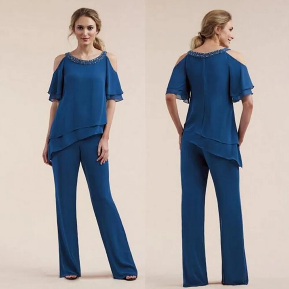

Royal Blue 2 Pcs Mother Of The Bride Pants Suit Chiffon Wedding Guest Gowns Short Sleeves Women Formal Evening Party Dress Plus