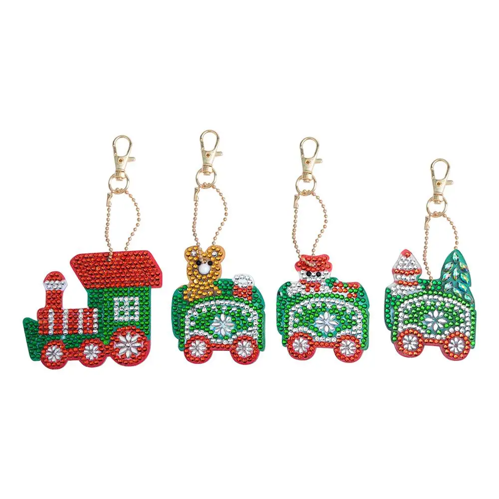 

4pcs/pack Car Train Diy Diamond Keychain Painting Mosaic Christmas Gift Special & Round Full Drill Woman Girl Jewelry Keyring